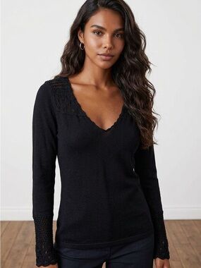 PattyBoutik Black Long Sleeve Knit Top with Crochet Trim